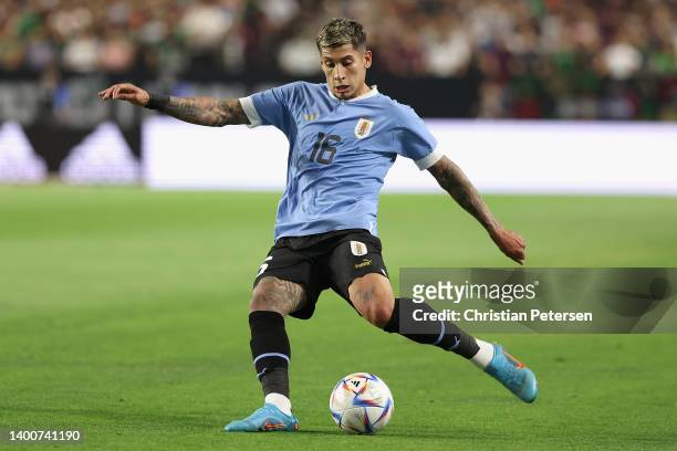 Mathías Olivera of Team Uruguay shoots the ball during the first half of an international friendly match at at State Farm Stadium on June 02, 2022 in...