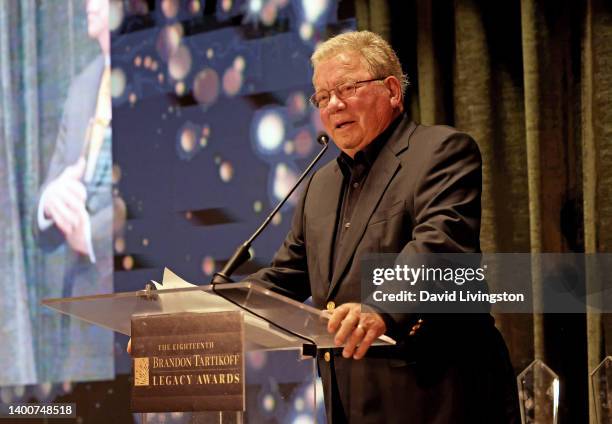 Honoree William Shatner speaks onstage during the 18th Annual Brandon Tartikoff Legacy Awards at Beverly Wilshire, A Four Seasons Hotel on June 02,...