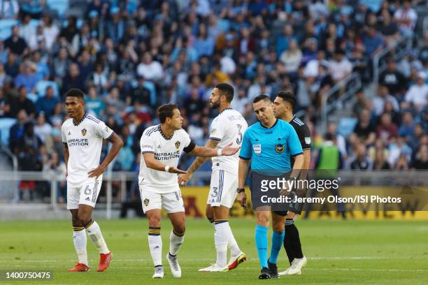 Javier Hernandez of Los Angeles Galaxy talks with the referee Jair Marrufo during a game between Los Angeles Galaxy and Minnesota United FC at...