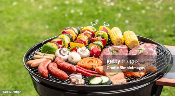 sausages, red meat, salmon, mushrooms, skewers, chicken wings, bacon and corn on a grill before a barbeque. - viande-grillée photos et images de collection