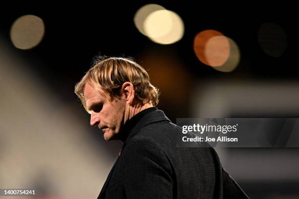 Scott Robertson head coach of the Crusaders looks on ahead of the Super Rugby Pacific Quarter Final match between the Crusaders and the Queensland...