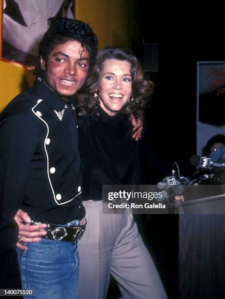 Singer Michael Jackson and actress Jane Fonda attend the Presentation of Michael Jackson's "Thriller" Album Certified Platinum on February 25, 1983...