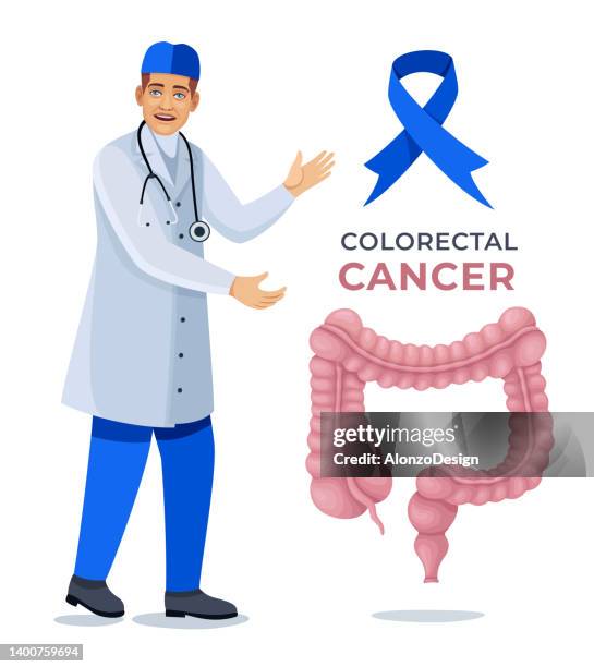 stockillustraties, clipart, cartoons en iconen met doctor speaking about colorectal cancer. - human small intestine
