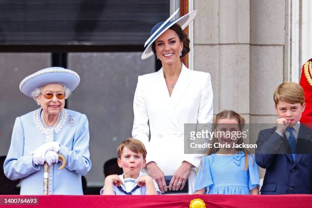 Queen Elizabeth II, Prince Louis of Cambridge, Catherine, Duchess of Cambridge and Princess Charlotte of Cambridge watch the RAF flypast from the...