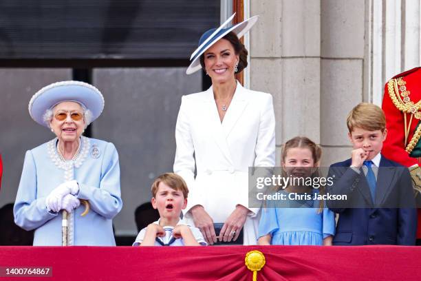 Queen Elizabeth II, Prince Louis of Cambridge, Catherine, Duchess of Cambridge and Princess Charlotte of Cambridge watch the RAF flypast from the...