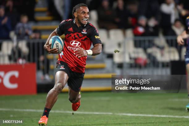 Sevu Reece of the Crusaders runs with the ball during the Super Rugby Pacific Quarter Final match between the Crusaders and the Queensland Reds at...