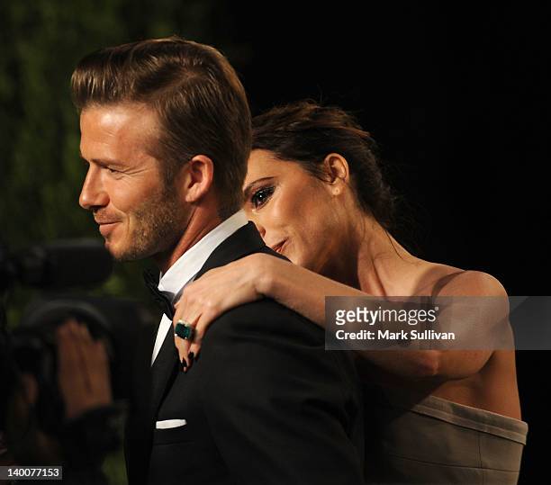 David Beckham and Victoria Beckham arrive at the 2012 Vanity Fair Oscar Party hosted by Graydon Carter at Sunset Tower on February 26, 2012 in West...