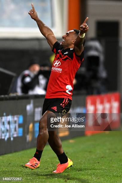 Sevu Reece of the Crusaders celebrates after scoring a try during the Super Rugby Pacific Quarter Final match between the Crusaders and the...