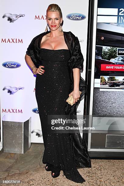 Actress Natasha Henstridge arrives at the Maxim late night party with Ford Mustang Customizer on February 26, 2012 in Los Angeles, California.