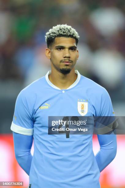 Ronald Araujo of Uruguay stands for their national anthem before to the friendly match between Uruguay and Mexico at State Farm Stadium on June 2,...