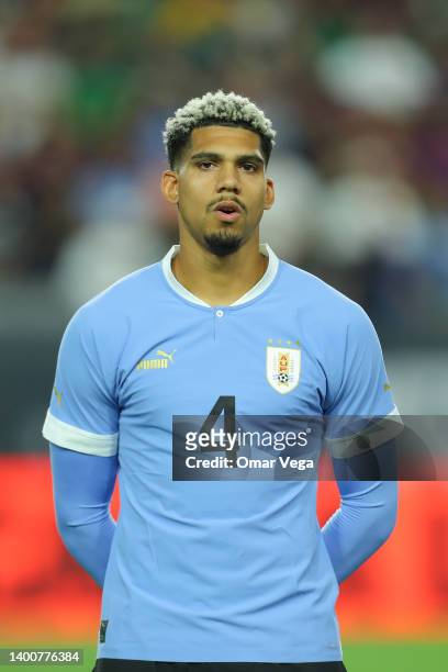 Ronald Araujo of Uruguay stands for their national anthem before to the friendly match between Uruguay and Mexico at State Farm Stadium on June 2,...