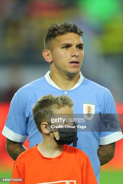 Lucas Torreira of Uruguay stands for their national anthem before to the friendly match between Uruguay and Mexico at State Farm Stadium on June 2,...