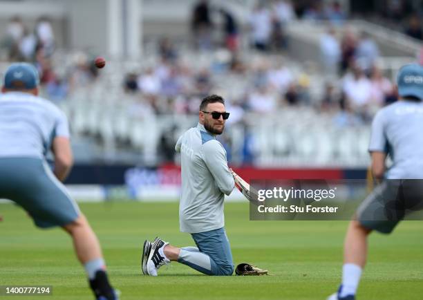 England Men's Test Coach, Brendon McCullum takes part in a fielding drill during day two of the First LV= Insurance Test match between England and...