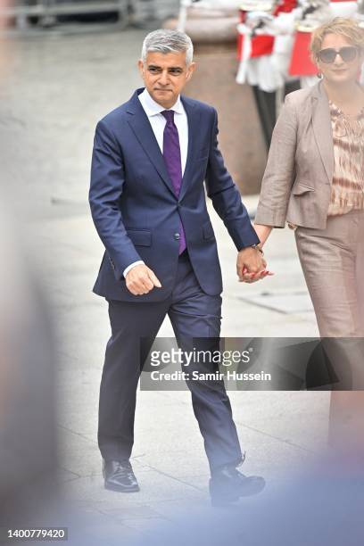 Sadiq Khan and Saadiya Khan attend the National Service of Thanksgiving at St Paul’s Cathedral on June 03, 2022 in London, England. The Platinum...