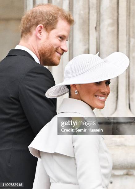 Prince Harry, Duke of Sussex and Meghan, Duchess of Sussex attend the National Service of Thanksgiving at St Paul’s Cathedral on June 03, 2022 in...