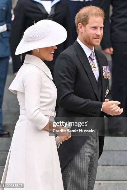 Prince Harry, Duke of Sussex and Meghan, Duchess of Sussex attend the National Service of Thanksgiving at St Paul’s Cathedral on June 03, 2022 in...