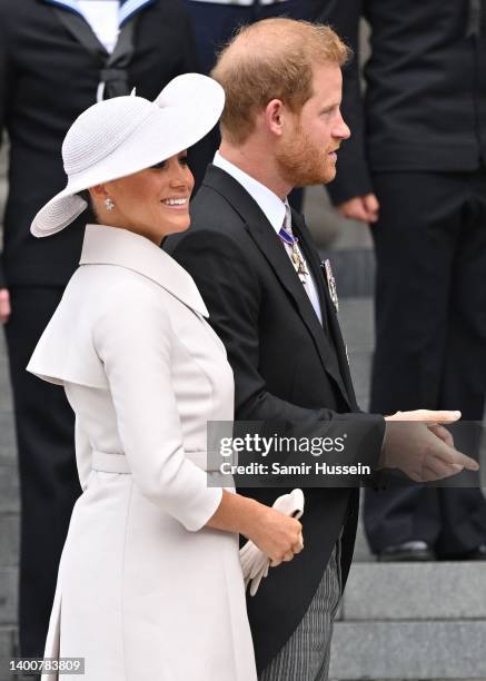 Prince Harry, Duke of Sussex and Meghan, Duchess of Sussex attend the National Service of Thanksgiving at St Paul’s Cathedral on June 03, 2022 in...