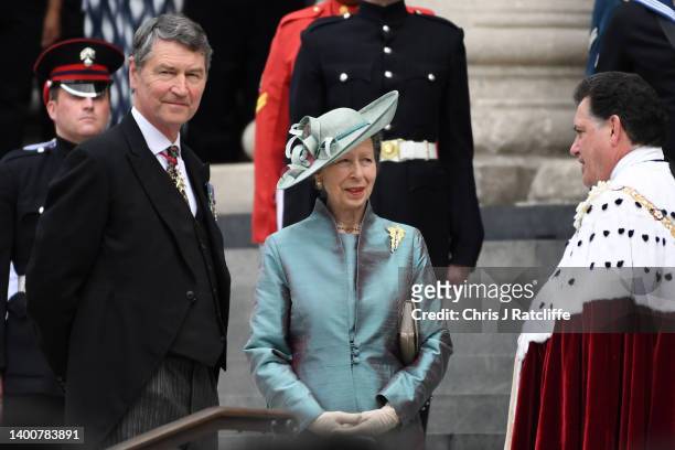 Timothy Laurence and Princess Anne arrive at the National Service of Thanksgiving at St Paul's Cathedral on June 03, 2022 in London, England. The...