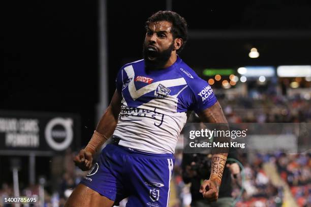 Josh Addo-Carr of the Bulldogs celebrates after scoring a try during the round 13 NRL match between the Penrith Panthers and the Canterbury Bulldogs...