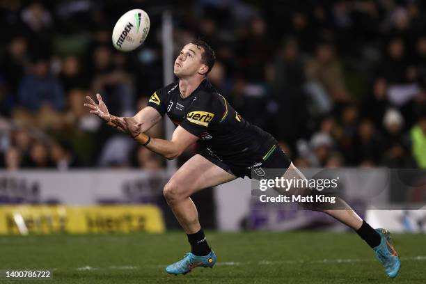 Dylan Edwards of the Panthers catches the ball during the round 13 NRL match between the Penrith Panthers and the Canterbury Bulldogs at BlueBet...