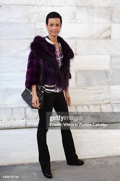 Nadege du Bospertus attends the Roberto Cavalli Autumn/Winter 2012/2013 fashion show as part of Milan Womenswear Fashion Week on February 27, 2012 in...