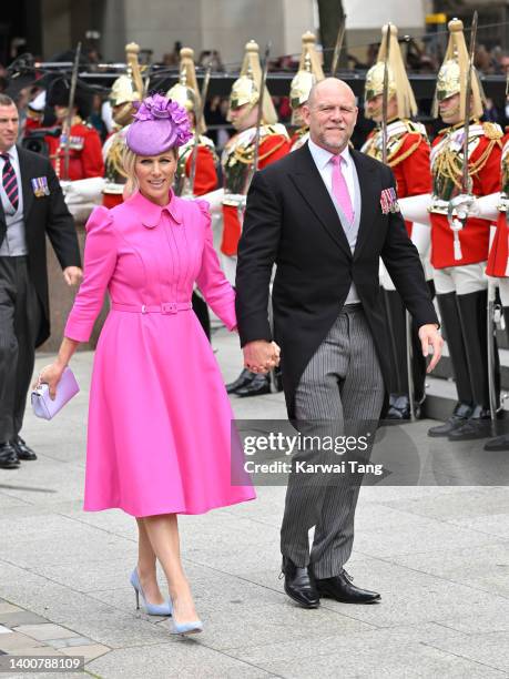 Zara Tindall and Mike Tindall attend the National Service of Thanksgiving at St Paul's Cathedral on June 03, 2022 in London, England. The Platinum...