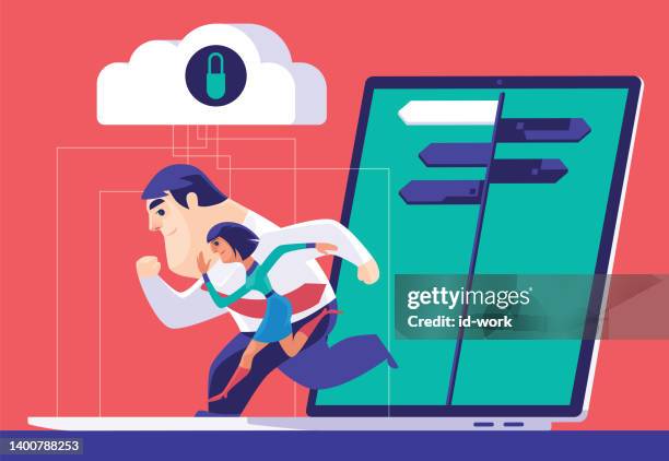 business couple running on laptop - reaching the end stock illustrations