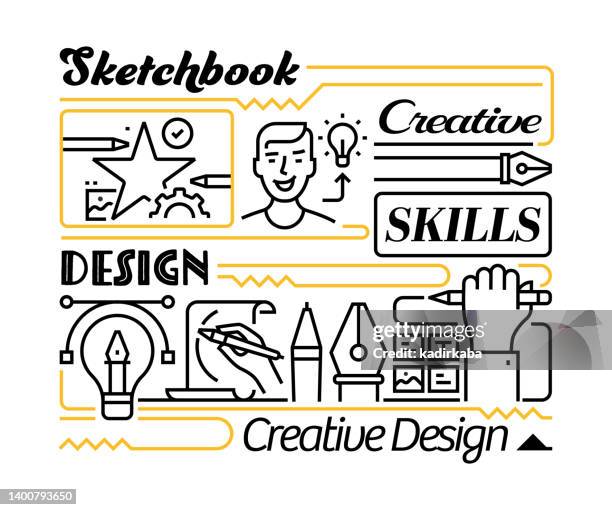 design thinking object and elements. line icons illustration collection. icon set or banner template. - illustrator working stock illustrations