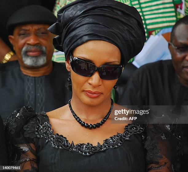 Wife of late Nigeria's secessionist leader Odumegwu Ojukwu, Bianca Ojukwu Ikemba mourns at the Presidential Wing of Inamdi Azikiwe International...