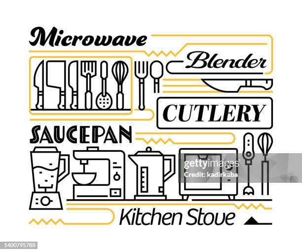 kitchen tools object and elements. line icons illustration collection. icon set or banner template. - kitchen counter background stock illustrations