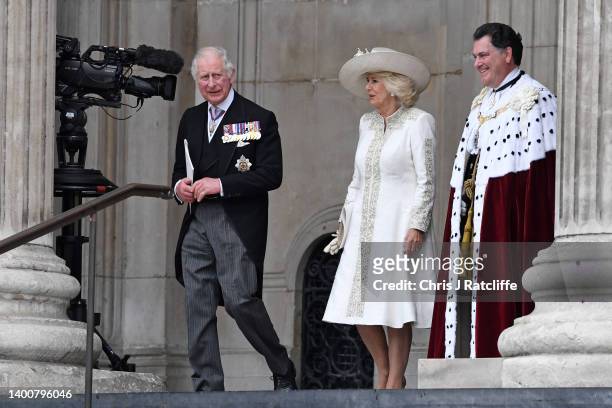 Prince Charles, Prince of Wales, Camilla, Duchess of Cornwall and The Lord Mayor Vincent Keaveny depart the National Service of Thanksgiving at St...