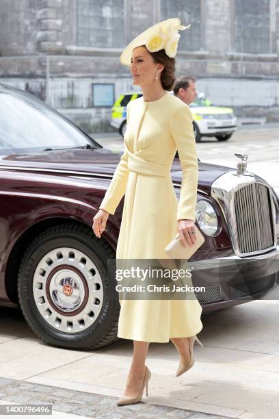 Catherine, Duchess of Cambridge arrives for the Lord Mayor's reception for the National Service of Thanksgiving at The Guildhall on June 03, 2022 in...