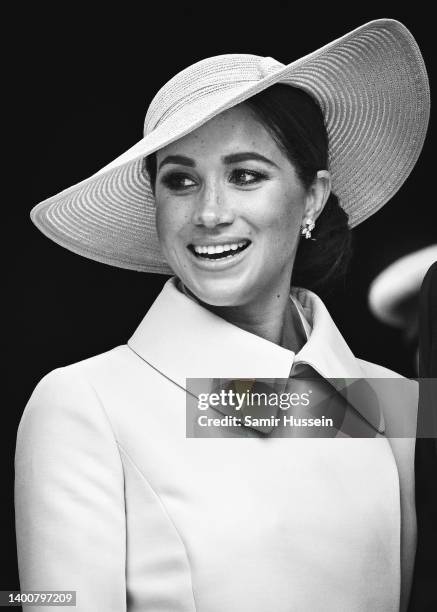 Meghan, Duchess of Sussex departs after the National Service of Thanksgiving at St Paul’s Cathedral on June 03, 2022 in London, England. The Platinum...