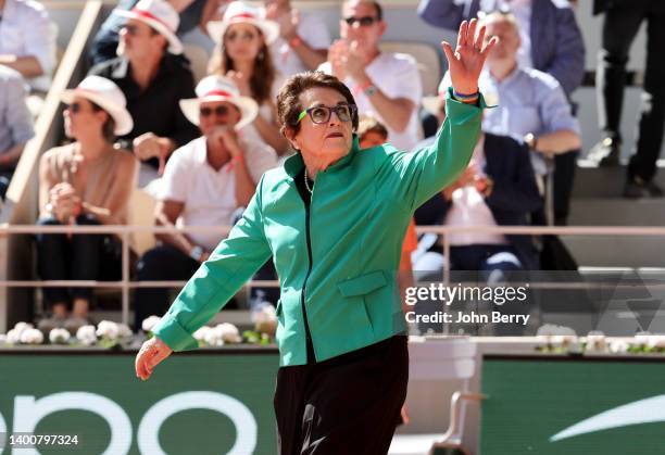 Billie Jean King is honored on Center Court during day 12 of the French Open 2022, second tennis Grand Slam of the year at Stade Roland Garros on...