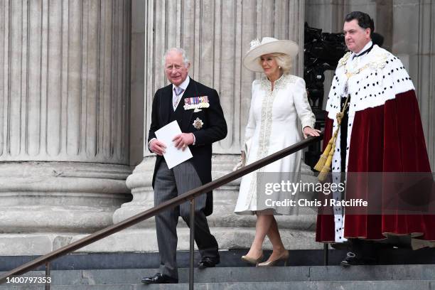 Prince Charles, Prince of Wales, Camilla, Duchess of Cornwall and The Lord Mayor Vincent Keaveny depart the National Service of Thanksgiving at St...