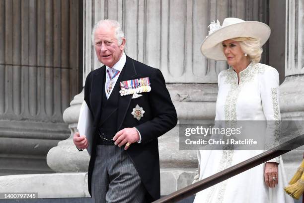 Prince Charles, Prince of Wales and Camilla, Duchess of Cornwall depart the National Service of Thanksgiving at St Paul's Cathedral on June 03, 2022...