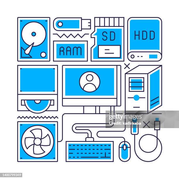 computer technology object and elements. line icons illustration collection. icon set or banner template. - external hard disk drive stock illustrations
