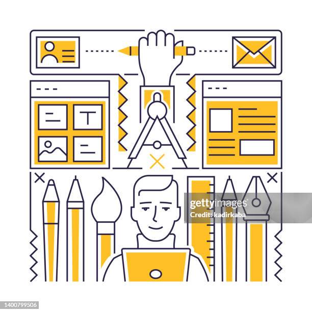 creative process object and elements. line icons illustration collection. icon set or banner template. - web designer logo stock illustrations