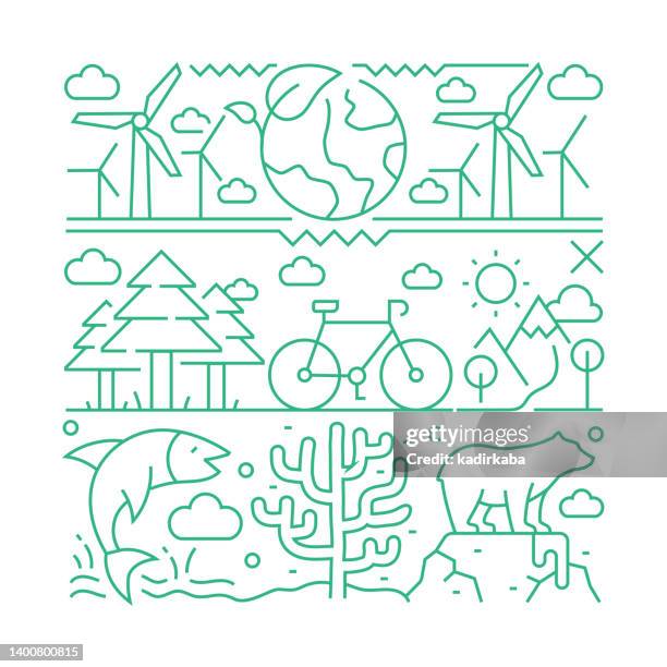 environment object and elements. line icons illustration collection. icon set or banner template. - sustainable lifestyle stock illustrations