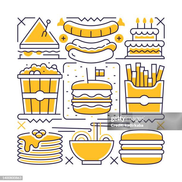fast food object and elements. line icons illustration collection. icon set or banner template. - candy wrapper stock illustrations