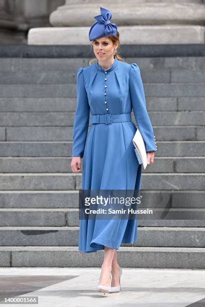Princess Beatrice departs after the National Service of Thanksgiving at St Paul’s Cathedral on June 03, 2022 in London, England. The Platinum Jubilee...