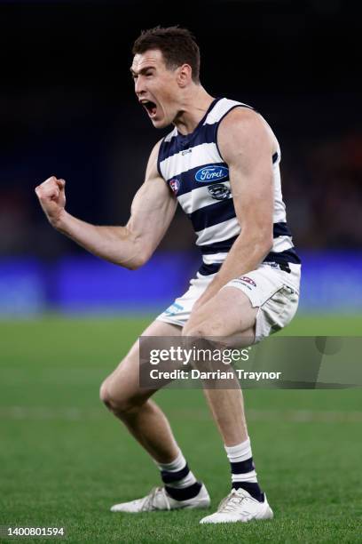 Jeremy Cameron of the Cats celebrates a goal during the round 12 AFL match between the Western Bulldogs and the Geelong Cats at Marvel Stadium on...