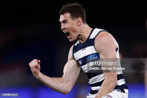 Jeremy Cameron of the Cats celebrates a goal during the round 12 AFL match between the Western Bulldogs and the Geelong Cats at Marvel Stadium on...