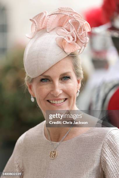 Sophie, Countess of Wessex arrives for the Lord Mayor's reception for the National Service of Thanksgiving at The Guildhall on June 03, 2022 in...