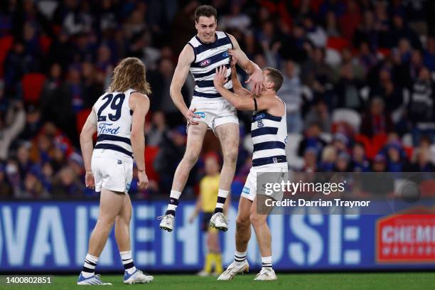 Jeremy Cameron of the Cats celebrates a goal during the round 12 AFL match between the Western Bulldogs and the Geelong Cats at Marvel Stadium on...