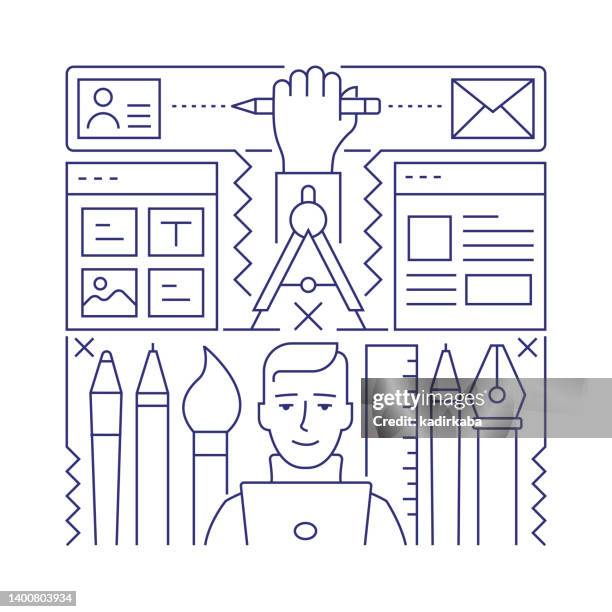 creative process object and elements. line icons illustration collection. icon set or banner template. - web designer logo stock illustrations