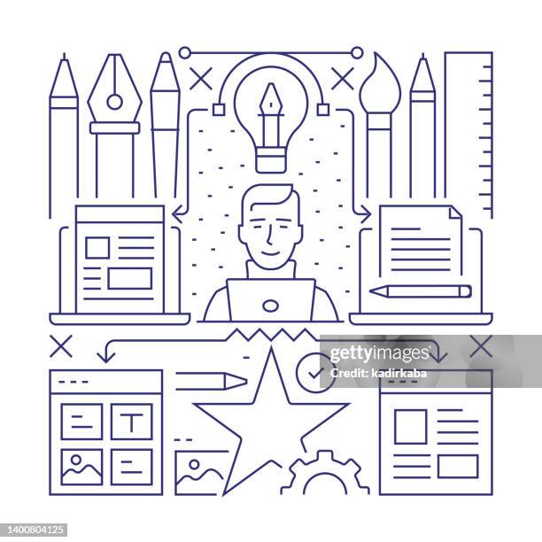 design thinking object and elements. line icons illustration collection. icon set or banner template. - illustrator working stock illustrations