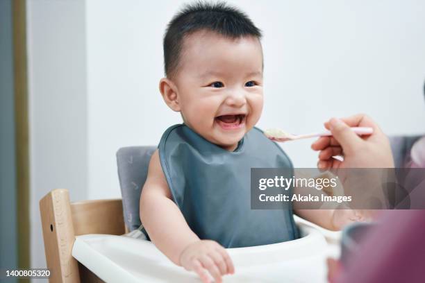 bebé asiático feliz mientras es alimentado con cuchara - asian baby eating fotografías e imágenes de stock