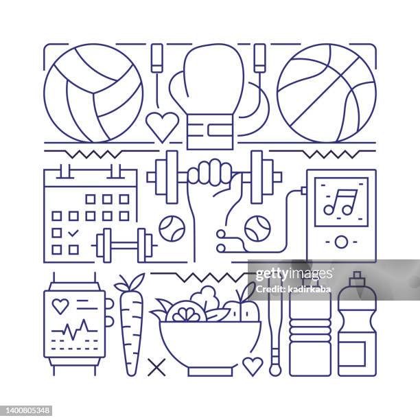 fitness and sports object and elements. line icons illustration collection. icon set or banner template. - energy drink stock illustrations