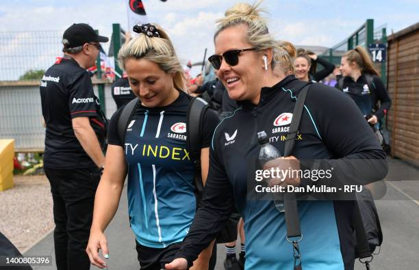 Vicky Fleetwood of Saracens and Marlie Packer of Saracens arrive ahead of the Allianz Premier 15s Final match between Saracens Women and Exeter...